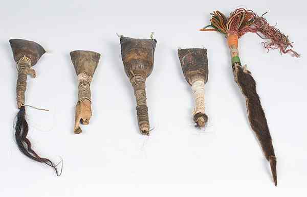 Appraisal: Navajo Rattles lot of thread and sinew-sewn hide rattles wooden