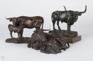 Appraisal: Cynthia Rigden Two longhorn-themed sculptures the first reclining longhorn cow