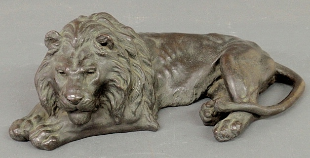 Appraisal: - Asian bronze recumbent lion signed h x l x