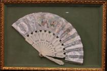 Appraisal: Decorative Paper Fan in Glass Case Decorative paper fan features