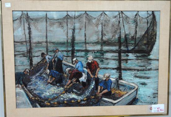 Appraisal: POMEROY FLORENCE W OIL ON BOARD Fishing boat with nets