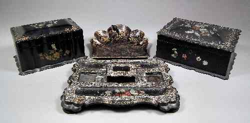 Appraisal: A Victorian black papier-mache rectangular work box ins x ins