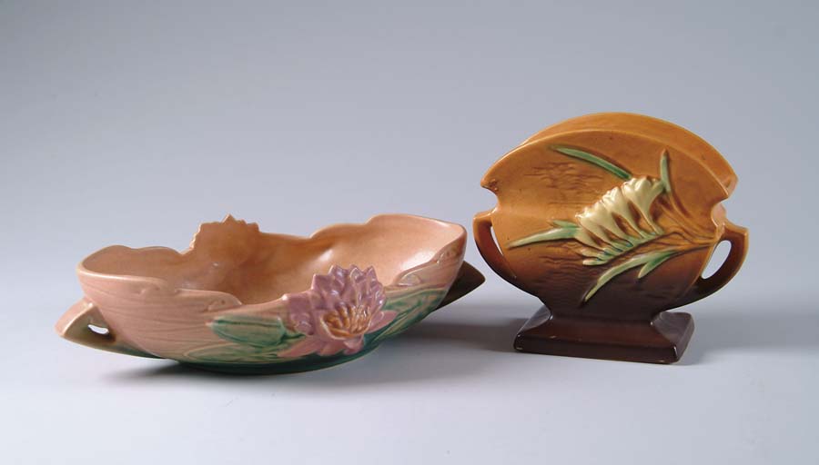 Appraisal: TWO PIECES OF ROSEVILLE Water lily low bowl with two