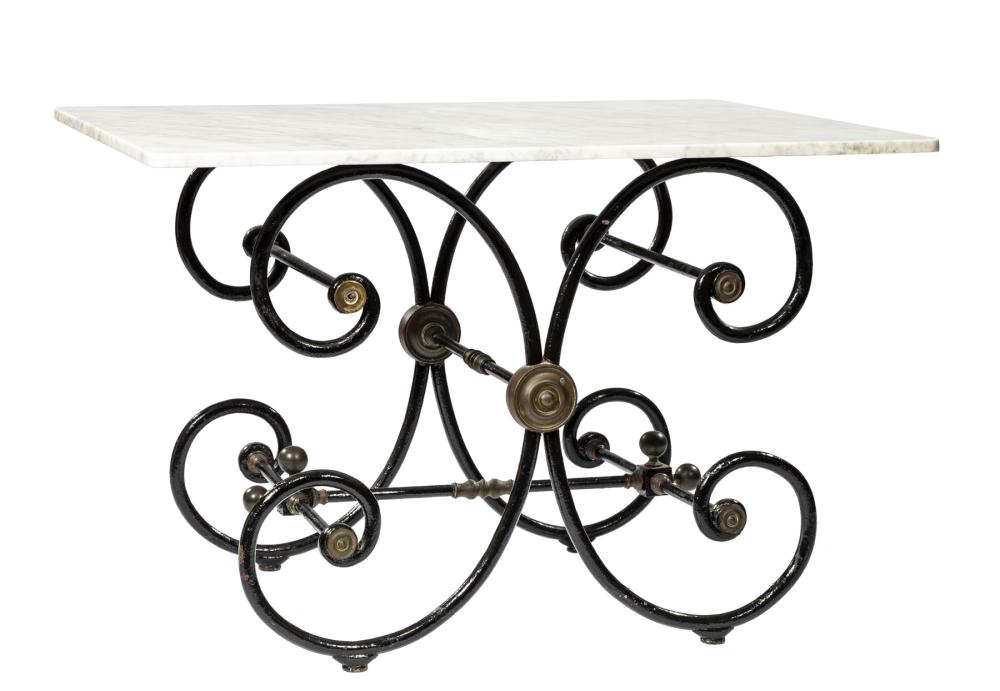 Appraisal: Belle Epoque Brass-Mounted Wrought Iron Baker's Table later marble top