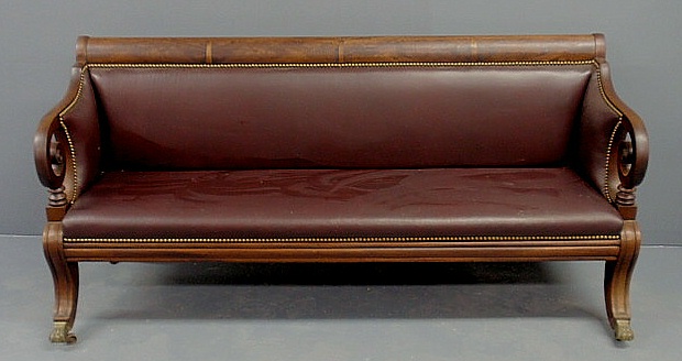 Appraisal: Boston Mass Classical mahogany sofa th c with leather upholstery