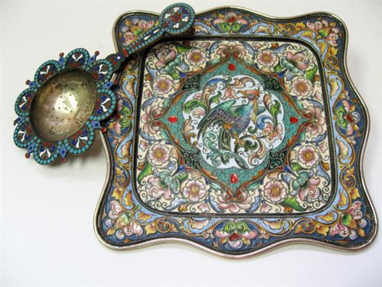 Appraisal: A Russian Sterling and Enamel Card Tray Tea Strainer the