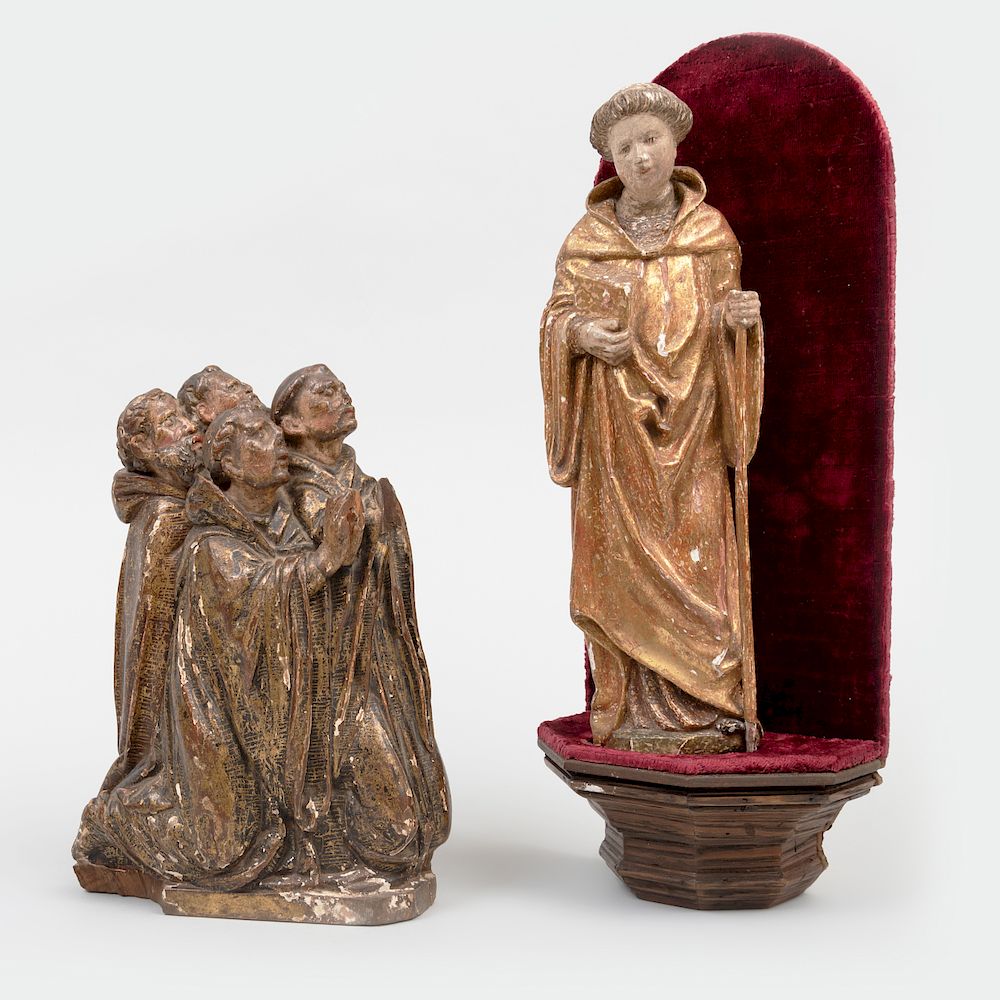 Appraisal: Two Carved Giltwood Figural Artifacts Comprising a figural group representing