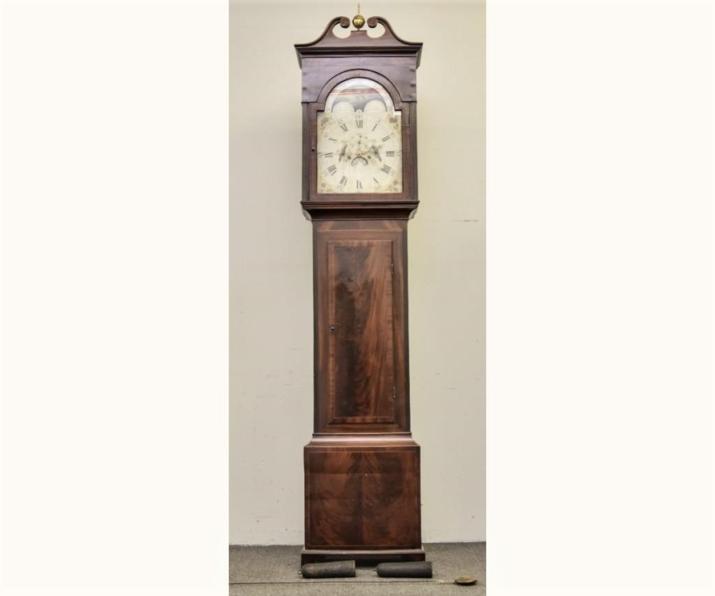 Appraisal: English mahogany inlaid tall case clock with -day works circa