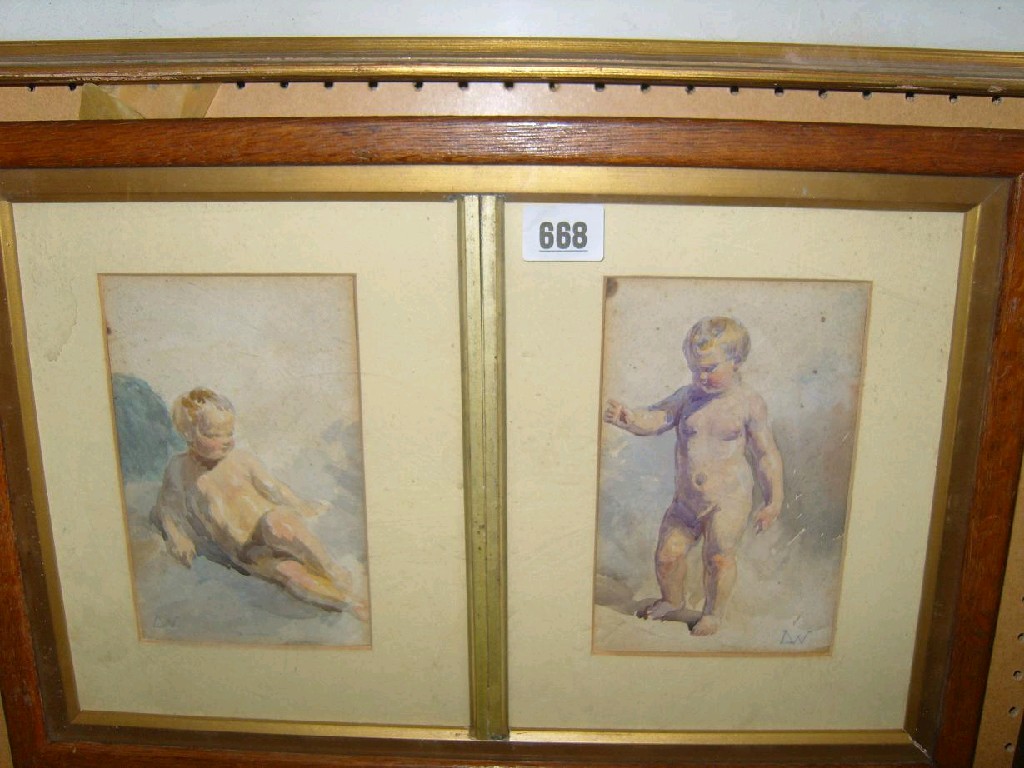 Appraisal: A pair of th century watercolour studies of cherubs one