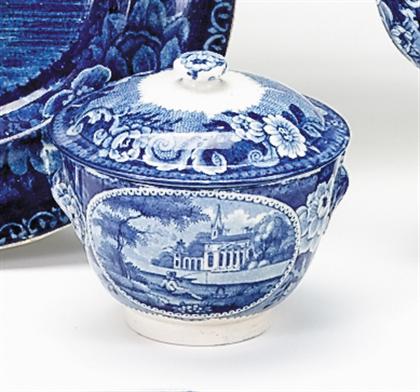 Appraisal: Historical blue transferware covered sugar bowl Slightly domed lid on