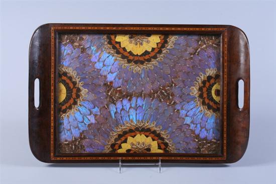 Appraisal: INLAID MAHOGANY AND BUTTERFLY WING TRAY early th century Rectangular