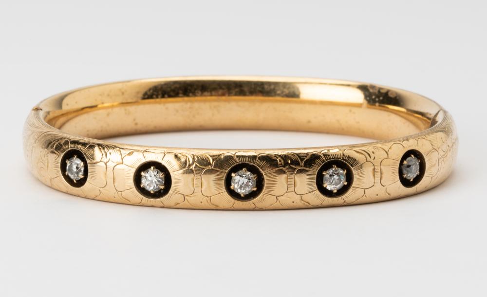 Appraisal: KARAT YELLOW GOLD DIAMOND BANGLEcontaining five old-mine cut diamonds H-J