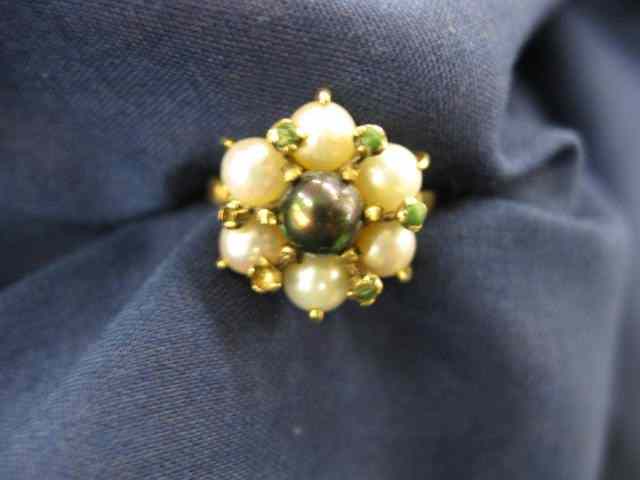 Appraisal: Pearl Emerald Ring floral style setting black pearl center with