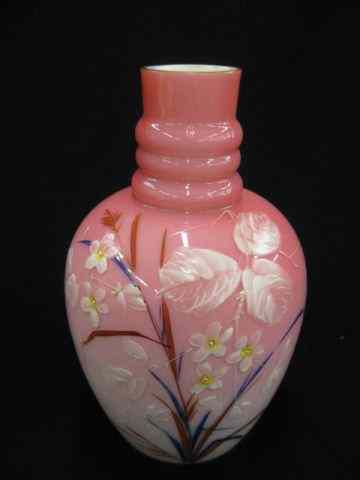 Appraisal: Victorian Enameled Cranberry Art Glass Vase rich florals on satin