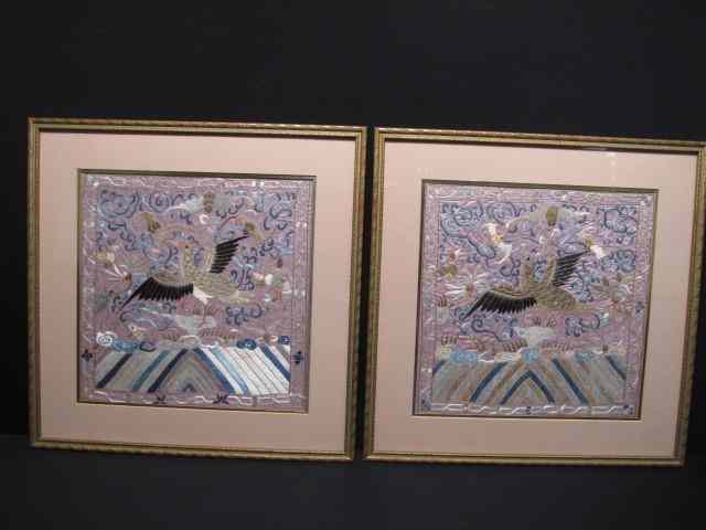 Appraisal: Two framed Chinese silk badges embroidered with birds bats fish