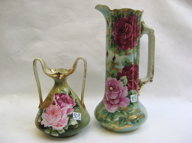 Appraisal: TWO PORCELAIN VASES with hand painted rose decorations and gold