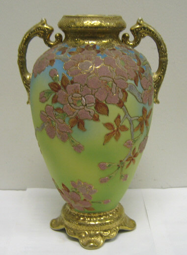 Appraisal: NIPPON PORCELAIN CORALENE URN Two-handled ovoid with gilt jeweled molded