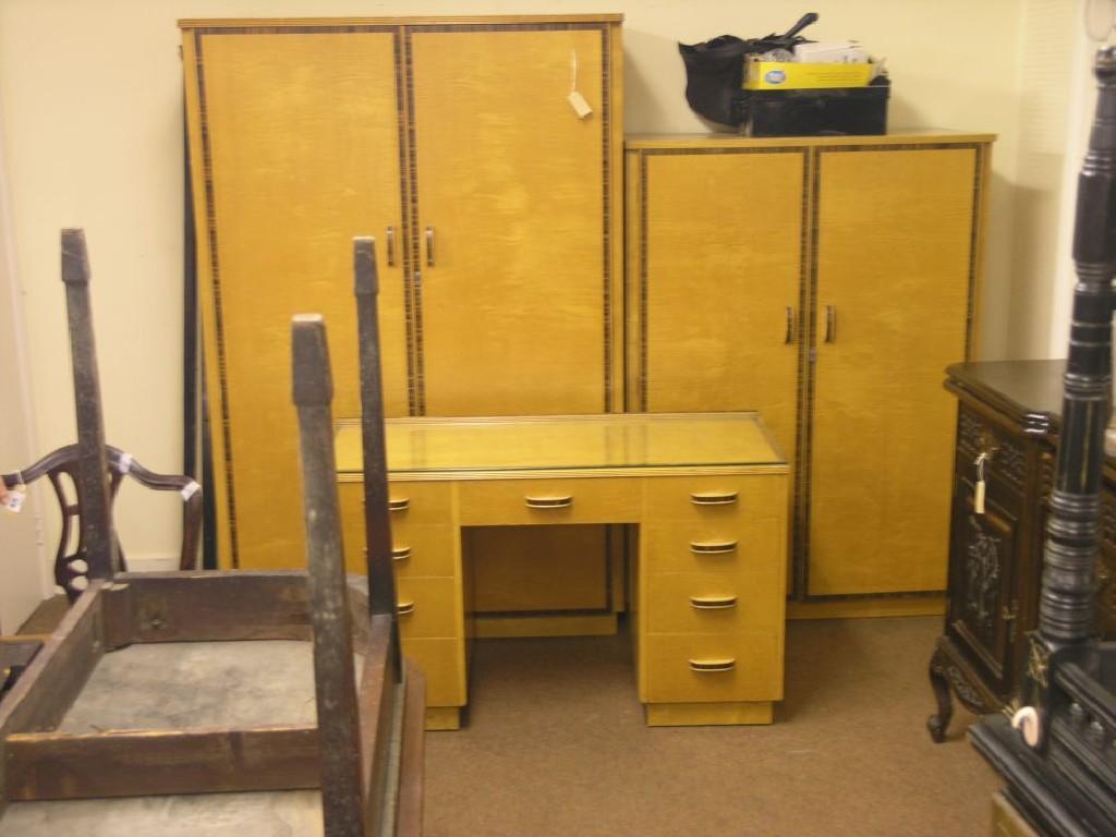 Appraisal: A 's satin-maple bedroom suite consisting of lady's wardrobe ft