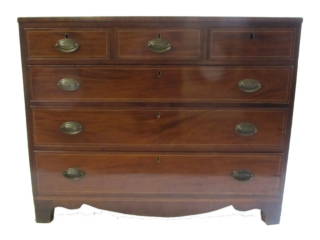 Appraisal: A Victorian mahogany inlaid chest of drawers with three short