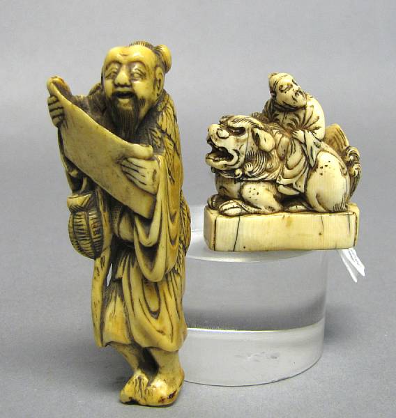 Appraisal: Two ivory figural netsuke Edo Period The first th th