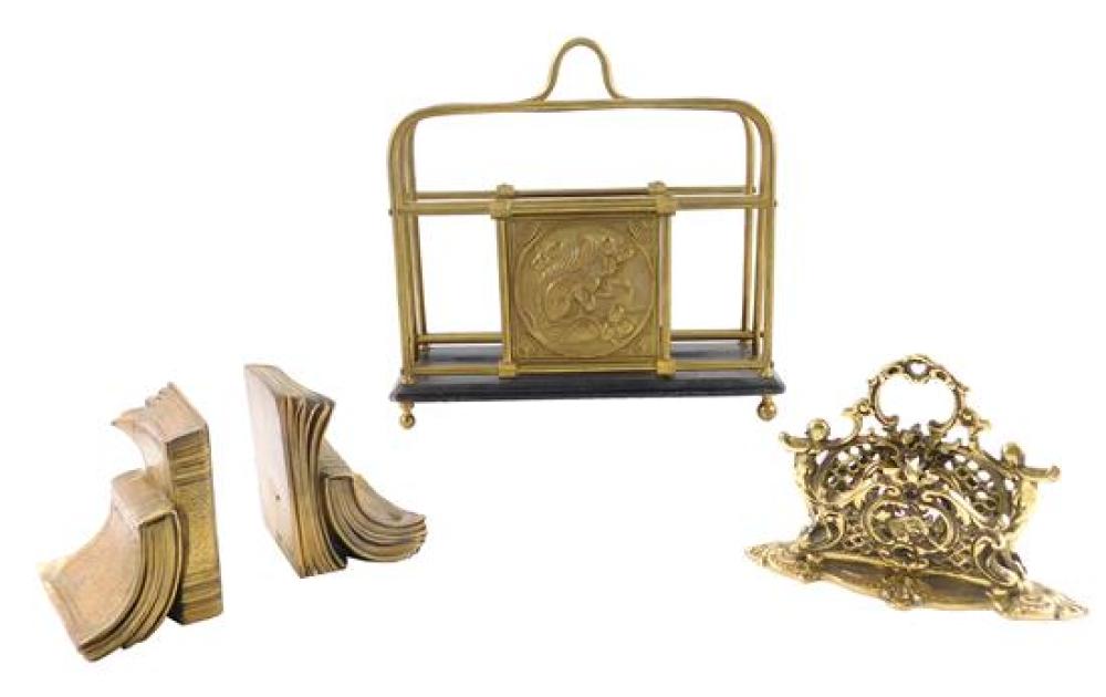 Appraisal: Metalware all brass-toned including magazine rack with squirrel relief wooden