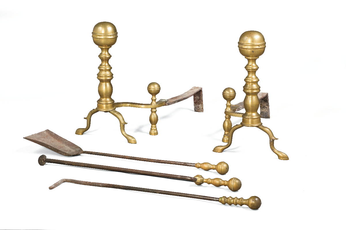 Appraisal: PAIR OF FEDERAL BRASS BALL-TOP ANDIRONS WITH CONFORMING LOG STOPS