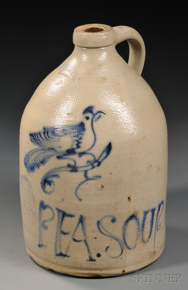 Appraisal: Cobalt-decorated Stoneware Bird and PEA SOUP Decorated Jug M E