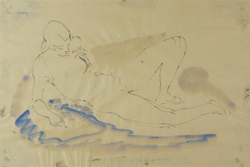 Appraisal: BARBARA P TH CENTURY RECLINING NUDE Ink and color on