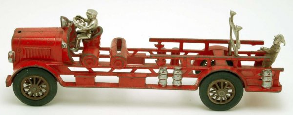 Appraisal: A red and silver painted cast iron ladder fire truck