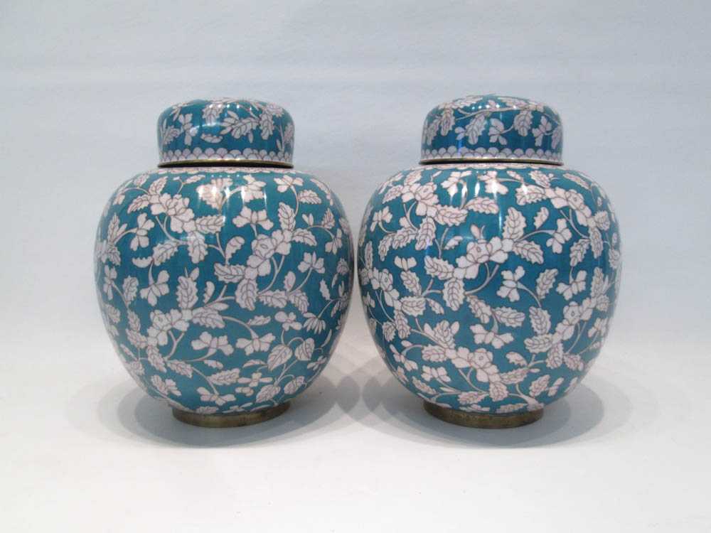 Appraisal: PAIR CHINESE CLOISONNE GINGER JARS having white vining floral and