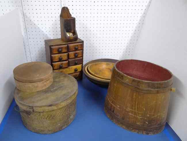 Appraisal: Primitive lot including spice chest wooden bowls pantry boxes match