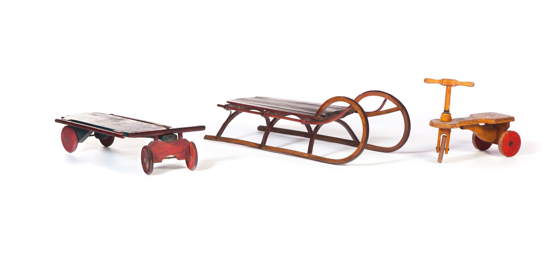 Appraisal: THREE CHILD'S PIECES American early th century Sled with red