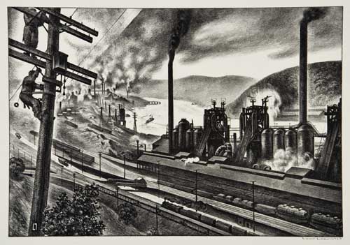 Appraisal: LOUIS LOZOWICK Steel Valley Lithograph x mm x inches full