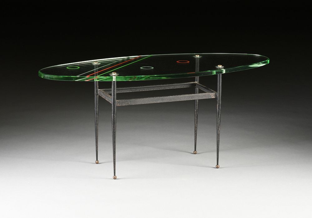 Appraisal: A MID-CENTURY ITALIAN PAINTED GLASS AND IRON COFFEE TABLE CIRCA