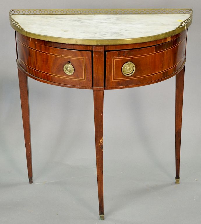 Appraisal: Marble top mahogany demilune console table with two swing drawers