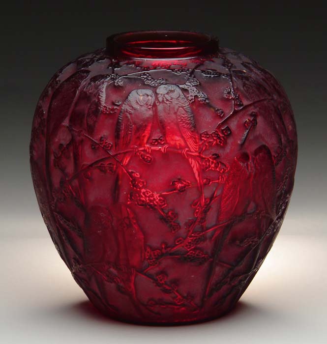 Appraisal: LALIQUE RED PERRUCHES VASE Outstanding Lalique vase has allover pattern