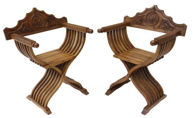 Appraisal: pair Italian walnut Savonarola chairs th c carved back squared