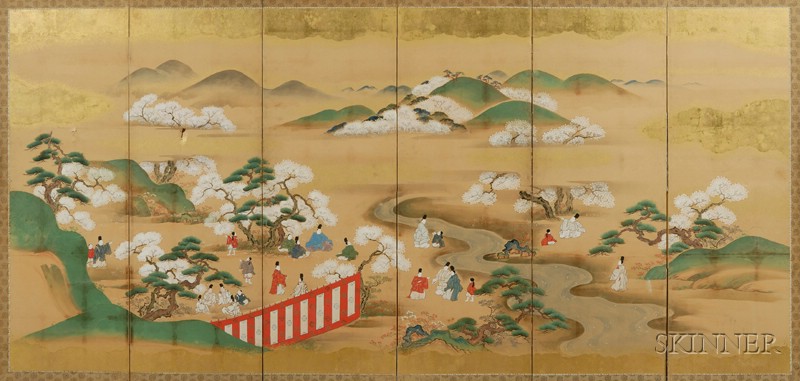 Appraisal: Six-Panel Screen Japan th century ink and colors on paper