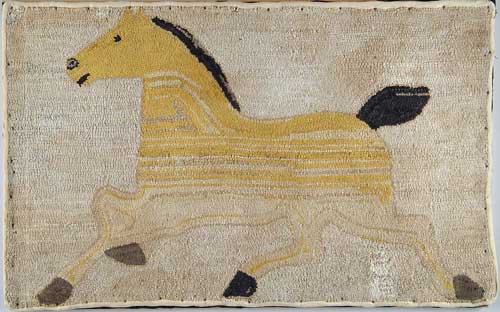 Appraisal: FOLK ART TROTTING HORSE HOOKED RUG Mounted on wood stretcher