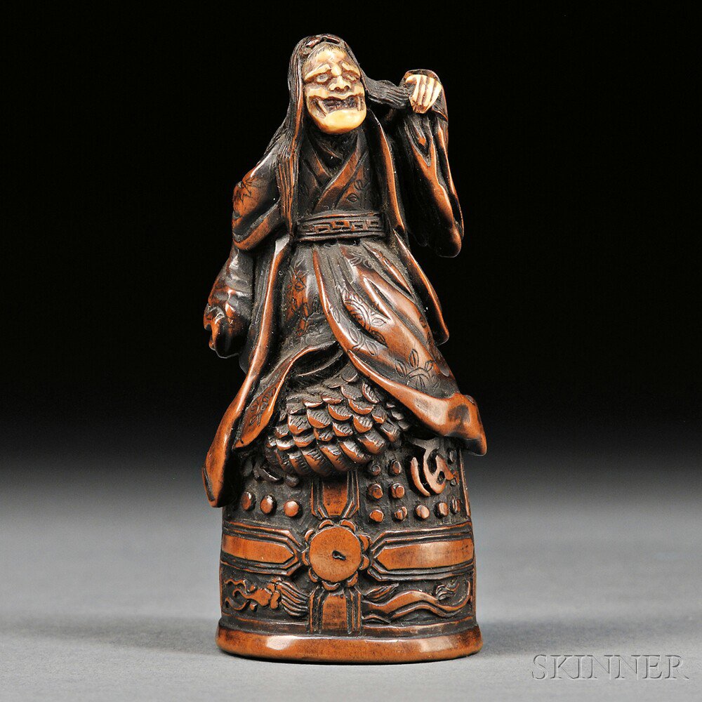 Appraisal: Wood Carving of Kiyohime Japan th century riding on a