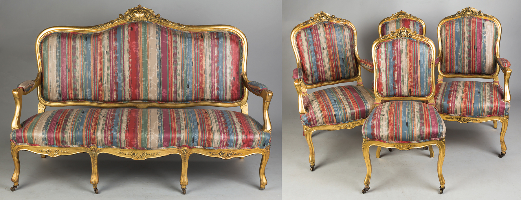 Appraisal: French Carved Gilt Wood Settee Two Arm Chairs and Two