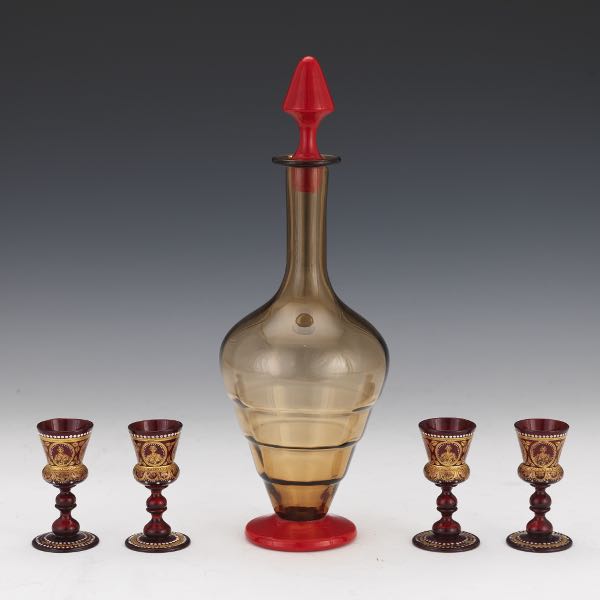 Appraisal: MURANO ART GLASS CARAFE WITH FOUR MOSER GILT RUBY GLASS