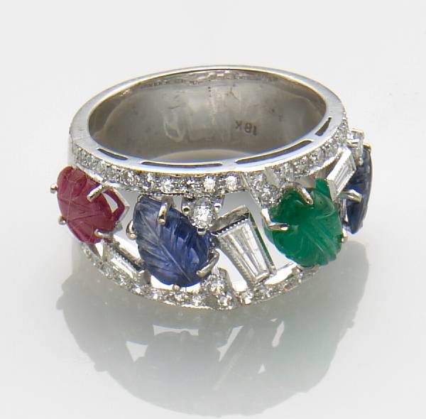 Appraisal: A sapphire ruby emerald diamond and k white gold ring