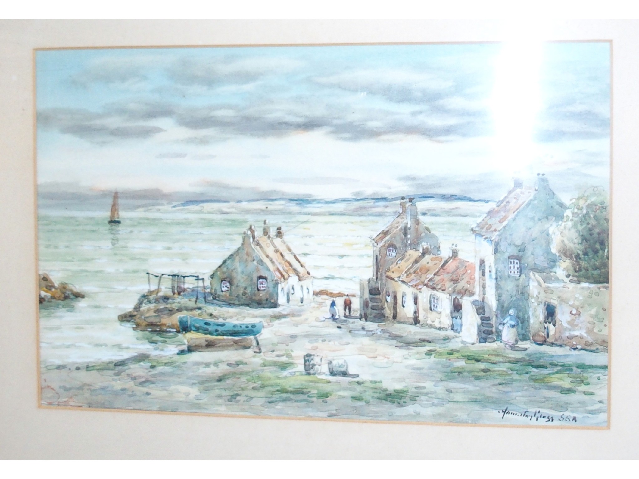 Appraisal: JOHN HAMILTON GLASS Fishing village signed watercolour