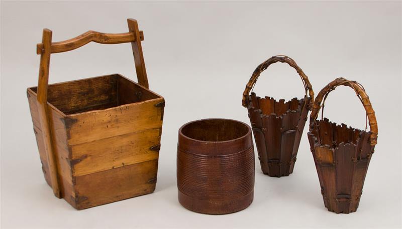 Appraisal: Pair of Japanese Wicker-Bound Stained Wood Buckets With bent bamboo