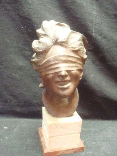 Appraisal: Unsigned Bronze Bust Blindfolded Smiling Beauty Not obviously signed Provenance