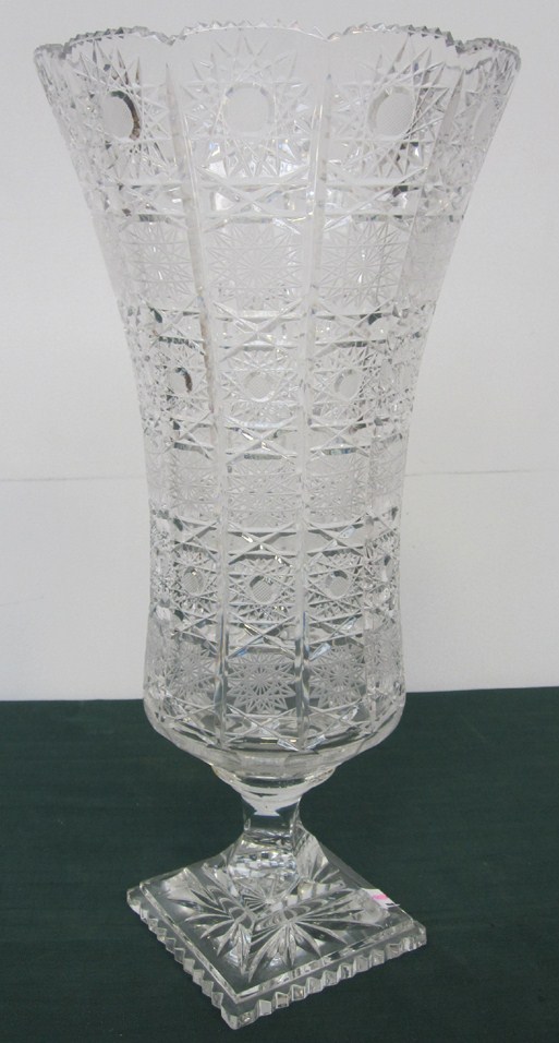 Appraisal: TH C TALL CUT CRYSTAL VASE with scalloped rim and