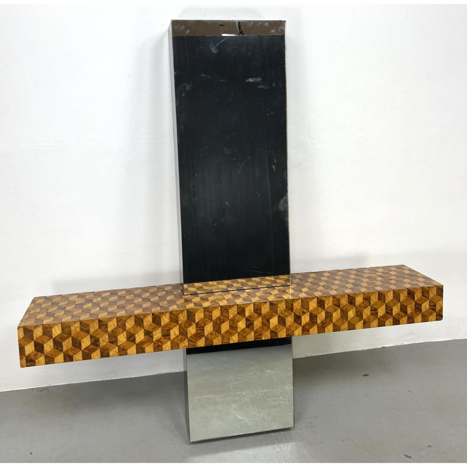 Appraisal: Geometric Parquetry Console Table with Mirrored Panel Wall Mount Evans