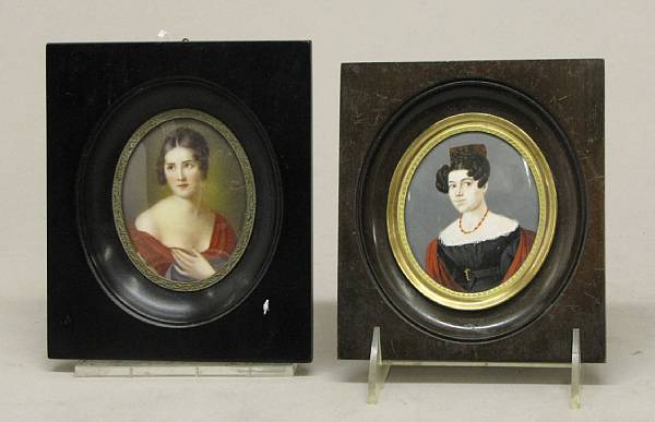 Appraisal: Three portrait miniatures th century Comprising woman with ravel hair