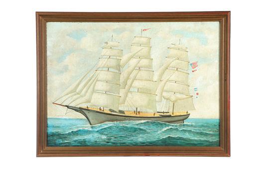 Appraisal: SHIP PORTRAIT WITH FOUR FLAGS FLYING AMERICAN TH CENTURY Oil